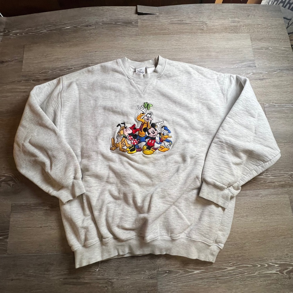 Disney Store Sweatshirt Unisex XL Gray Embroidered Mickey Friends 90s Vintage